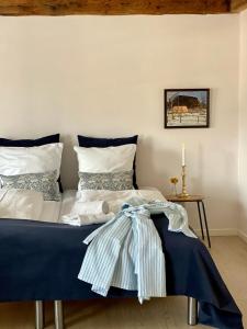 森讷堡Rønhave的一间卧室配有一张带蓝色棉被的床