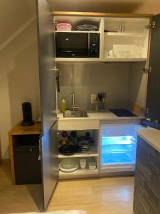 鲁汶博德郝行酒店的一间带水槽和冰箱的小厨房