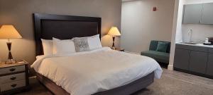 巴特尔斯维尔Hotel Phillips的酒店客房,配有一张床和一把绿色椅子