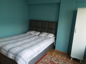 伯萨Setpark Apart Otel的一间卧室配有一张蓝色墙壁的床