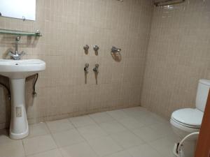 斯里曼加尔乌帕齐拉Jungle cottage的一间带卫生间和水槽的浴室