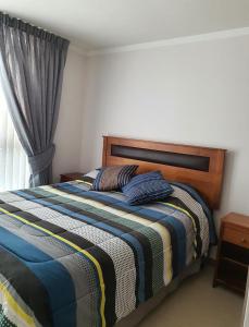 科金博Marina Casino Playa的一间卧室配有一张带条纹毯子的床和窗户