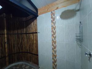 圣拉菲尔Cabaña Glamping Los Canarios San Rafael, Antioquia的带淋浴的浴室和木制天花板