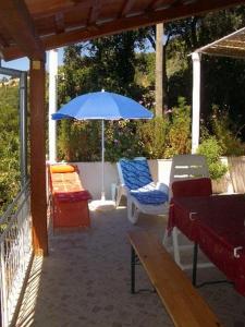 格鲁达Apartment Dario的一个带蓝伞、椅子和长凳的庭院