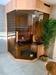 瓦拉日丁Wellness Apartments的一间大玻璃柜,放在一个有盆栽的房间里