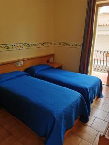勒托阳尼Hotel San Pietro的带窗户的客房内的2张蓝色的床