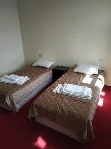 连科兰Hostel One的两张位于酒店客房的床,配有毛巾