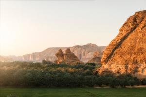 欧拉Caravan by Habitas AlUla的享有峡谷的岩石和植物景色