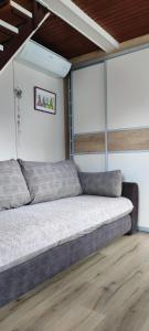 布雷日采Hiška Čatež的铺有木地板的客房内设有一间卧室,配有一张床。