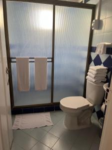 亚美尼亚Hotel Campestre Pueblo Bello的浴室设有卫生间和带毛巾的淋浴。