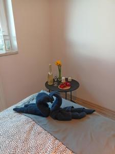 拉多姆Apartament z Sauna i Jacuzzi的一张床上的蓝色毯子,桌子