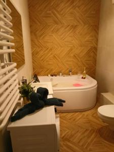 拉多姆Apartament z Sauna i Jacuzzi的浴室设有水槽,台面上配有泰迪熊