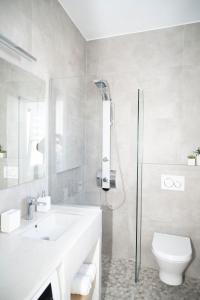 阿佐里姆诺斯Aegean Suite的带淋浴、盥洗盆和卫生间的浴室