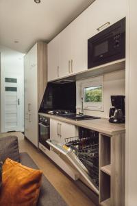 莱森Tiny Cabin with Hottub I 4 p的厨房配有开放式洗碗机和微波炉。