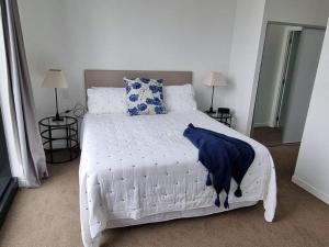 奥克兰Modern, Central City, Penthouse Floor Apartment.的一间卧室配有白色床和蓝色枕头