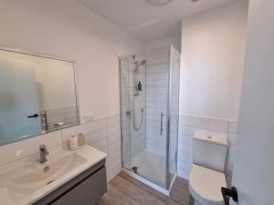 奥克兰Modern, Central City, Penthouse Floor Apartment.的带淋浴、卫生间和盥洗盆的浴室