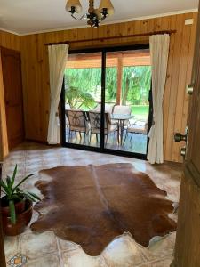 奥索尔诺Casa Los Notros的客厅设有大型木地板和玻璃门