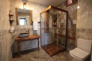 塞尔丘克Celsus Boutique Hotel的带淋浴、盥洗盆和卫生间的浴室