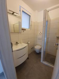 塞尔瑟Apartmani Plaža的浴室配有卫生间、盥洗盆和淋浴。