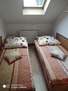 克莱诺Agroturystyka Patynówka的两张睡床彼此相邻,位于一个房间里