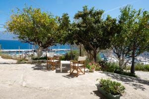 阿基欧斯尼古拉斯Luxury Apartment Marine View的一个带桌椅和树木的庭院以及大海