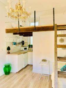 赫雷斯-德拉弗龙特拉Mini Loft Plaza España的厨房配有高架床和吊灯。