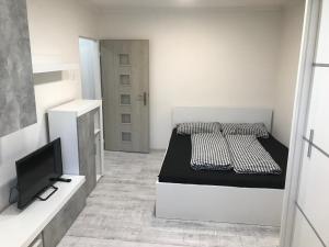 胡门内Apartmán blízko centra的一间小卧室,配有一张床和电视