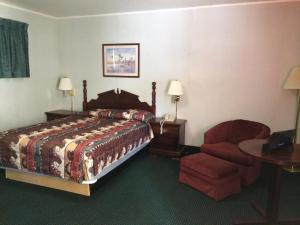 威斯康星拉皮兹Rapids Inn & Suites的配有一张床和一把椅子的酒店客房