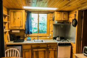 Shelter CoveCove Cabin Retreat的厨房配有水槽、炉灶和窗户。