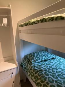 聚滕达尔Sweet Valley Madeleine的一间卧室配有一张双层床,配有蓝色和绿色的被子