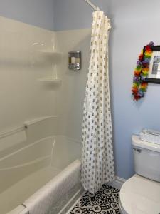 皮克图Seabank House Bed and Breakfast Aloha的浴室设有淋浴帘,位于厕所旁