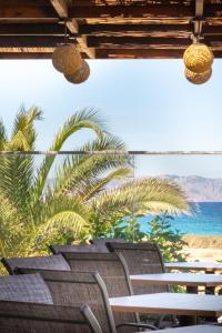 塞奥洛戈斯尼瓦纳海滩酒店的海滩上的一组椅子,与大海相连