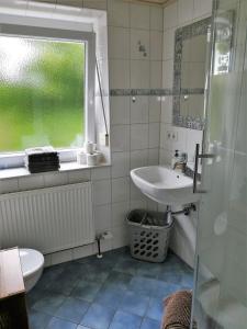 RotthalmünsterFerienwohnung Familie Ober的一间带水槽和卫生间的浴室以及窗户。