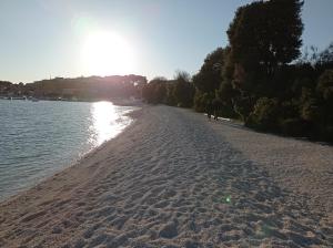 班约勒Luxury home Alpha, pool, camp Volme - nearby Kamenjak的阳光反射在水面上的沙滩
