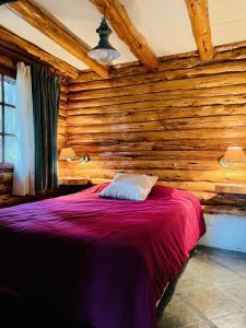 埃斯克尔Cabaña en la costa del Lago Futalaufquen - Parque Nacional Los Alerces的一间卧室设有木墙和床
