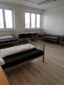 布拉迪斯拉发Ubytovňa Nobelova的一间设有三张床的房间,内设一张桌子