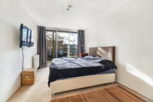 阿姆斯特丹170M2 Appartment with Jacuzzi & Steam bath in center of Amsterdam的一间卧室配有一张床和一台电视