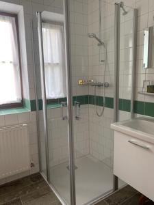 HeimschuhKoschak Wirt & Weinbauer的带淋浴和盥洗盆的浴室