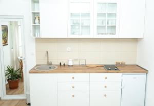 威尔帕扎Plamenatz studio apartments的厨房配有白色橱柜和水槽