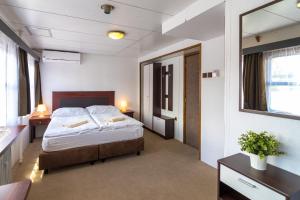 布拉格沃德尼克船屋酒店的一间卧室配有床、两张桌子和镜子