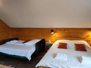默古拉Alpine Escape Studios的木墙客房的两张床