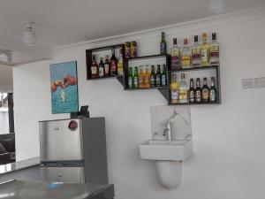 达累斯萨拉姆Mkamiti Villa - Airport Hotel的厨房配有水槽和墙上装有瓶子的台面。