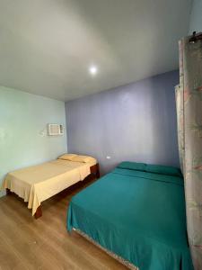 曼巴豪C - Side Inn的蓝色墙壁客房的两张床