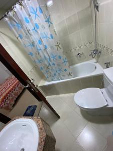 阿吉曼Lovely 1-bedroom Apartment with free Parking on premises的浴室配有卫生间、盥洗盆和浴缸。