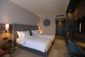 安卡拉Crowne Plaza Ankara, an IHG Hotel的酒店客房设有一张大床和一台电视。