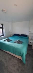 SellindgeSycamore Lodge Kent With EV Zappi type 2的一间卧室配有一张带蓝色床单的床和一扇窗户。
