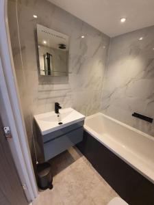 SellindgeSycamore Lodge Kent With EV Zappi type 2的白色的浴室设有水槽和浴缸。