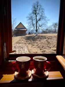 BrebPensiunea Agroturistica Casa Pribegilor的两杯咖啡坐在窗台上