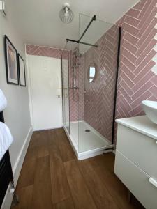 拉姆斯盖特Seaside Apartment的带淋浴的浴室和玻璃门