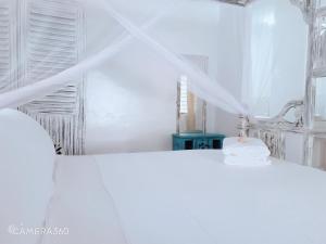 马林迪Diwani Cottage的白色的客房配有床和镜子